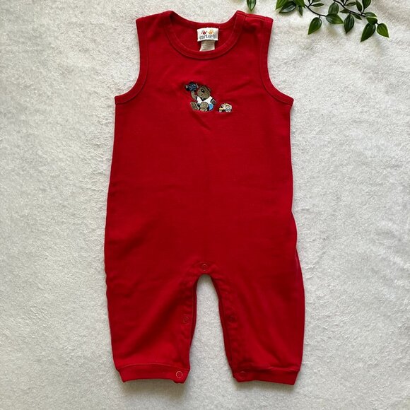 Carter’s Classic Red Baby Romper 6-9M | Sleeveless Bear & Truck Embroidery VGUC - Picture 1 of 15